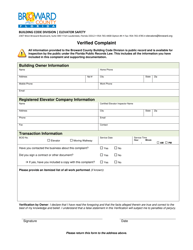 Document preview: Elevator Safety Verified Complaint - Broward County, Florida