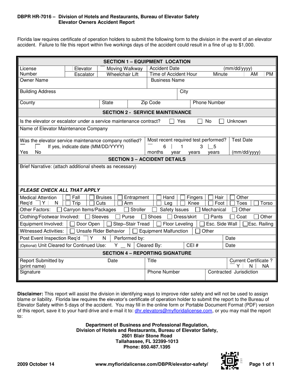 Form DBPR HR-7016 Elevator Owners Accident Report - Florida, Page 1
