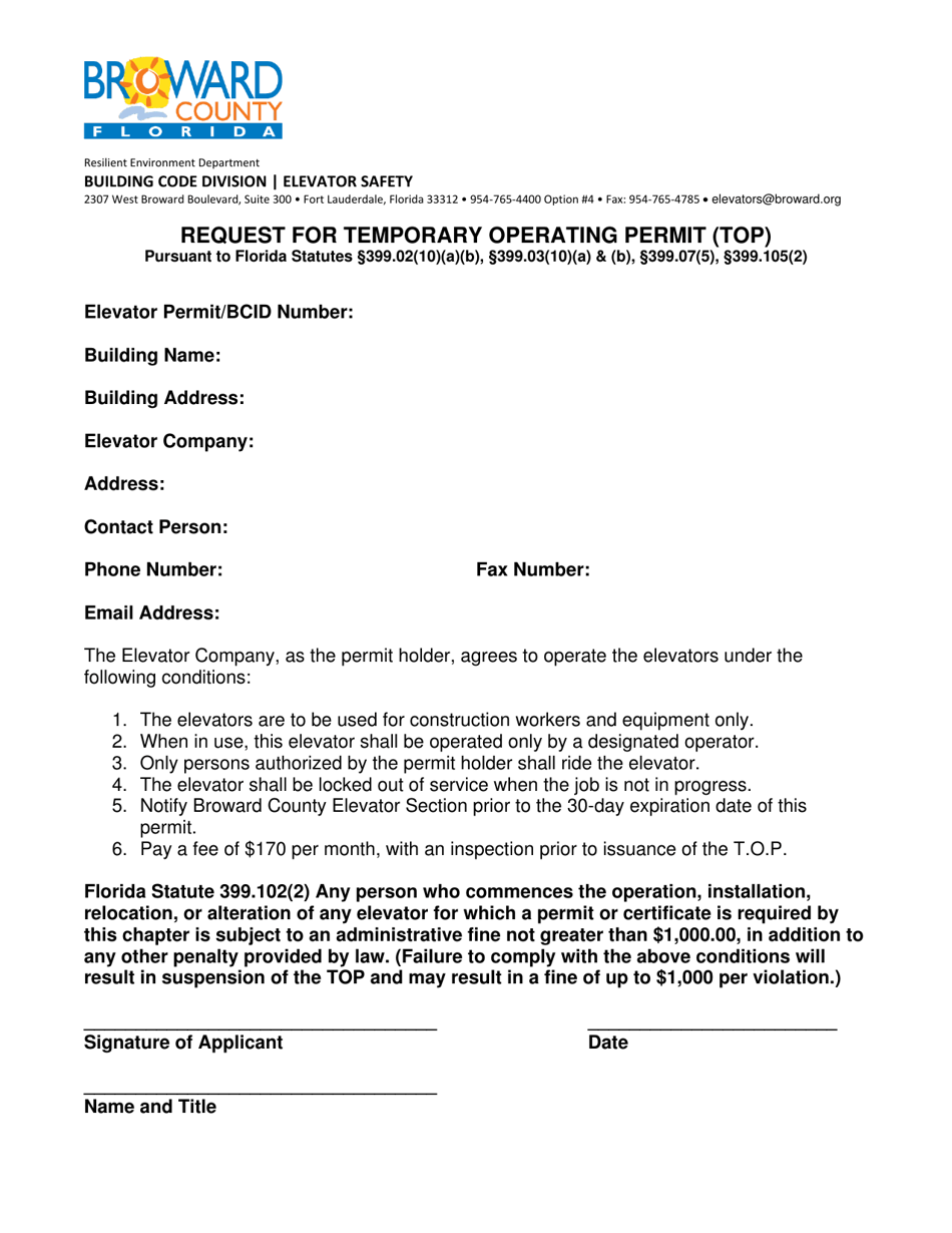 Request for Temporary Operating Permit (Top) - Elevator Safety - Broward County, Florida, Page 1
