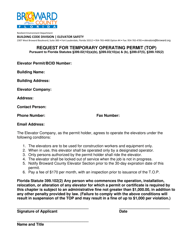 Document preview: Request for Temporary Operating Permit (Top) - Elevator Safety - Broward County, Florida