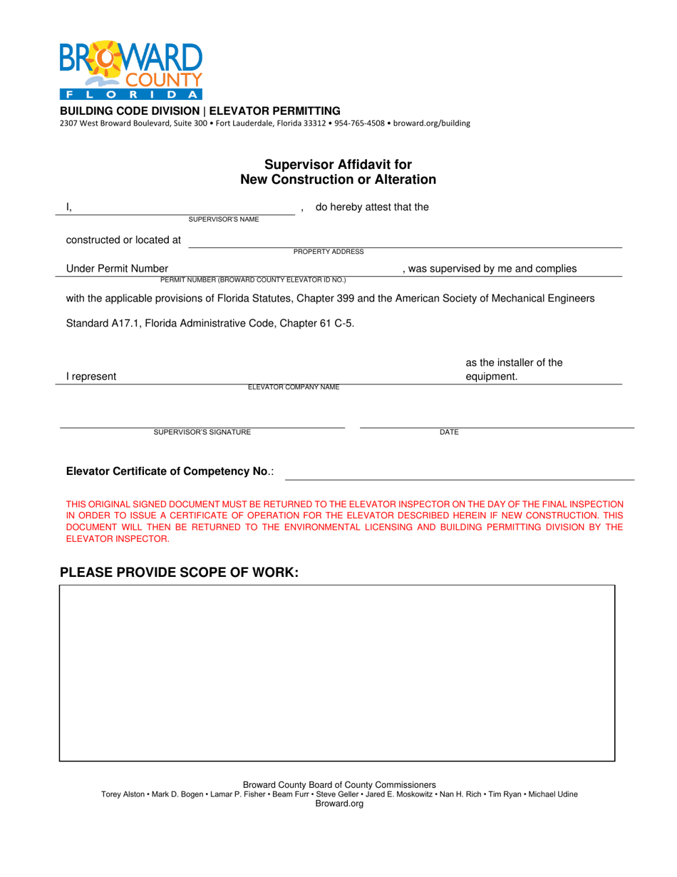 Supervisor Affidavit for New Construction or Alteration - Elevator Permitting - Broward County, Florida, Page 1