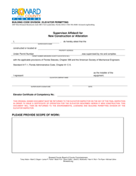Document preview: Supervisor Affidavit for New Construction or Alteration - Elevator Permitting - Broward County, Florida
