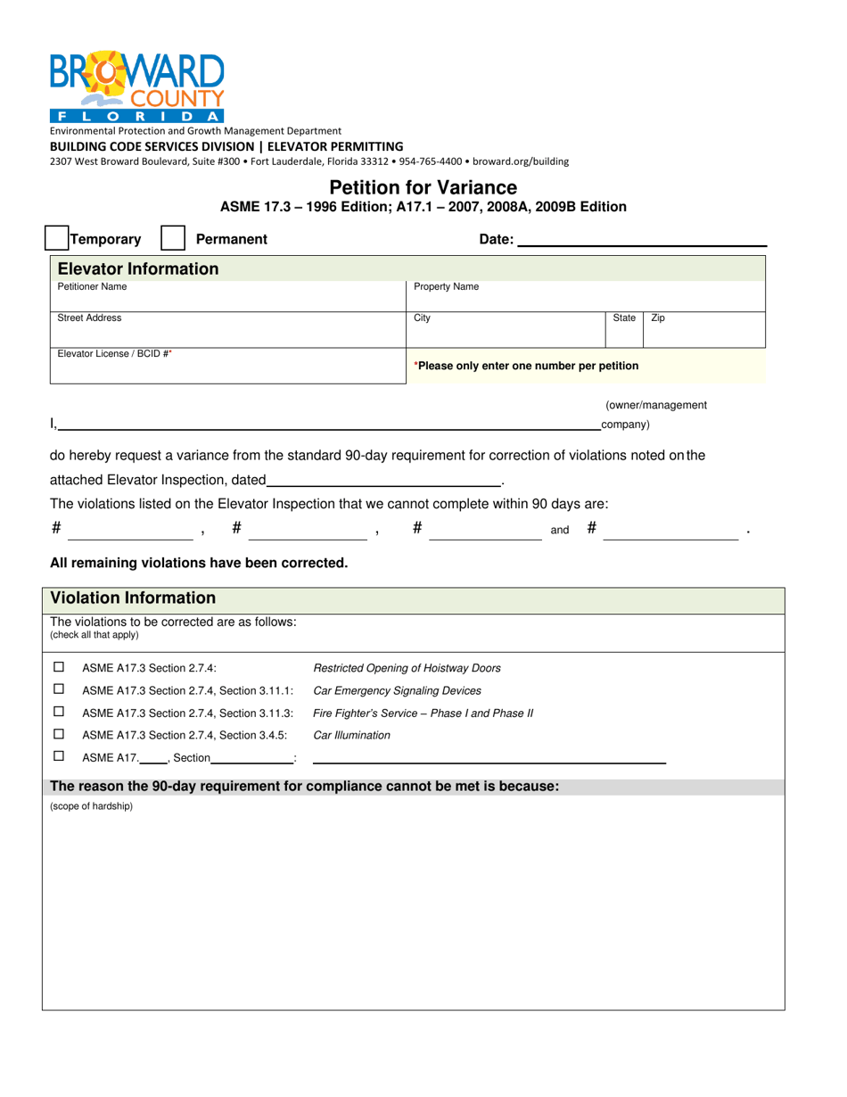 Petition for Variance - Elevator Permitting - Broward County, Florida, Page 1