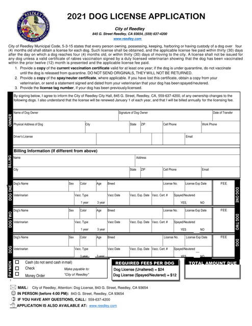 Dog License Application - City of Reedley, California Download Pdf