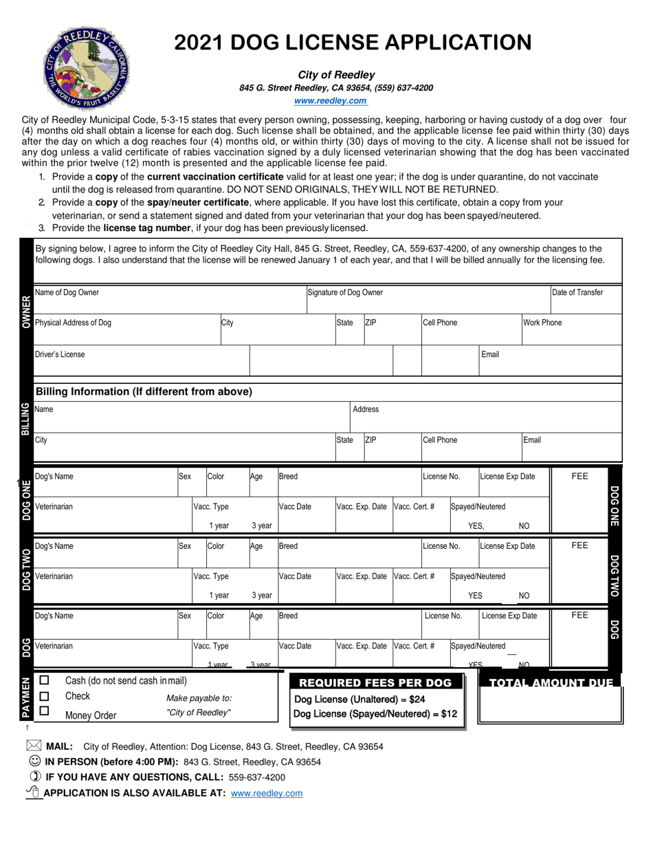 2021 City of Reedley, California Dog License Application Fill Out, Sign Online and Download