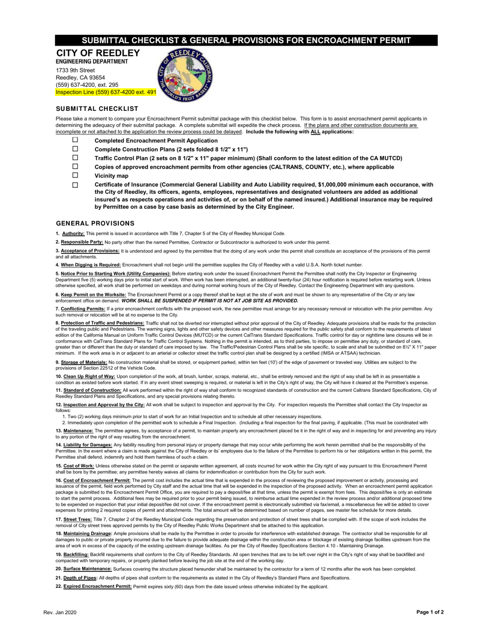 Encroachment Permit Application - City of Reedley, California, Page 1