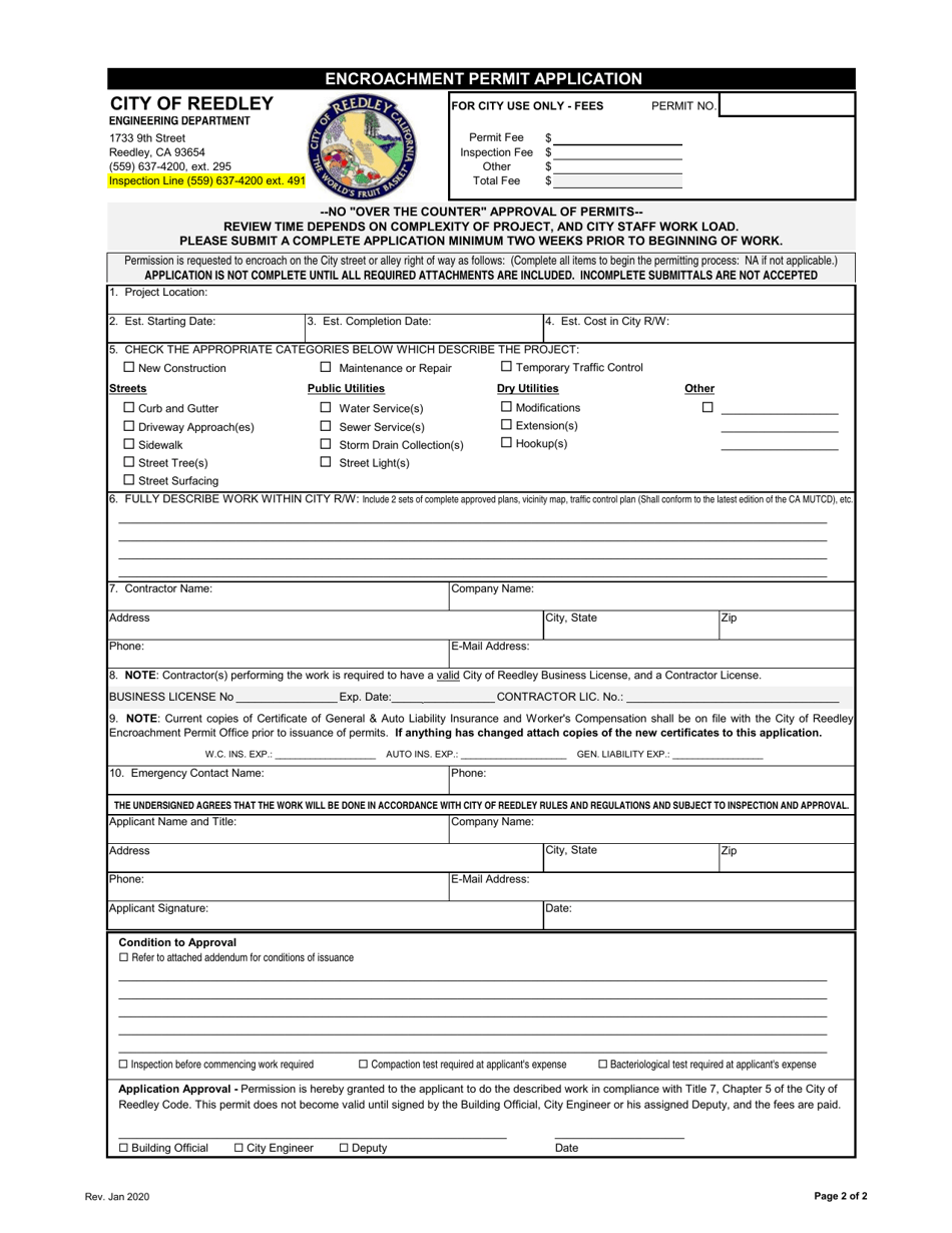 City of Reedley, California Encroachment Permit Application - Fill Out ...