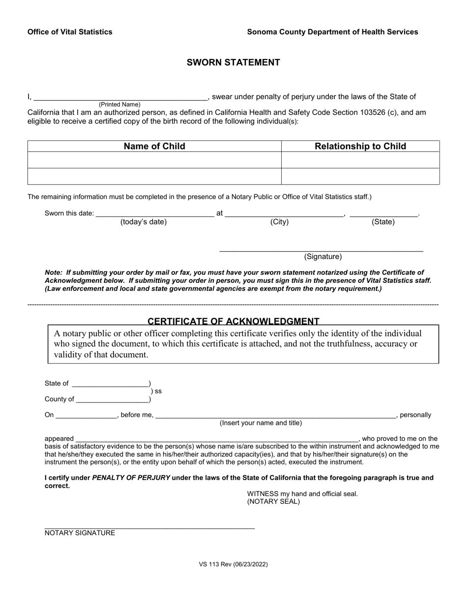 Form VS113 Application for Certified Copy of Birth Records - Sonoma County, California, Page 2