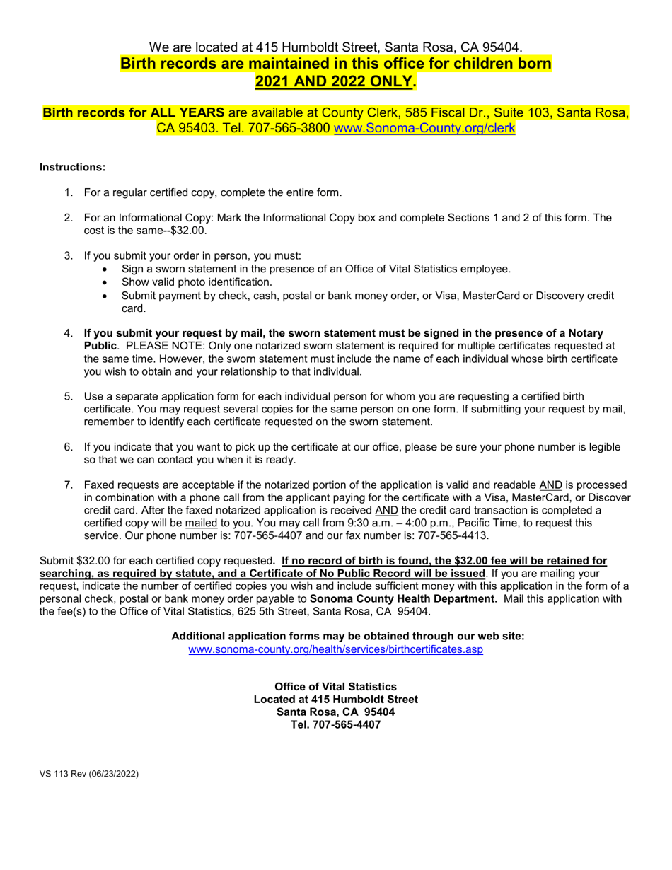 Form VS113 Application for Certified Copy of Birth Records - Sonoma County, California, Page 3