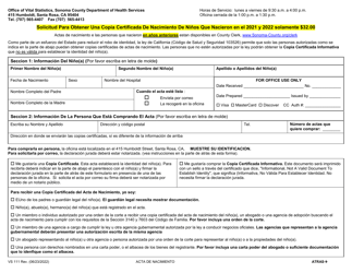 Formulario VS111 Solicitud Para Obtener Una Copia Certificada De Nacimiento De Ninos Que Nacieron - Sonoma County, California (Spanish)