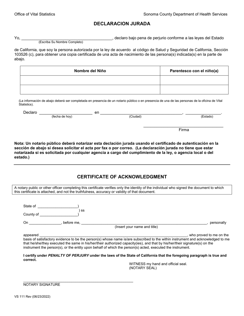 Formulario VS111 Solicitud Para Obtener Una Copia Certificada De Nacimiento De Ninos Que Nacieron - Sonoma County, California (Spanish), Page 2