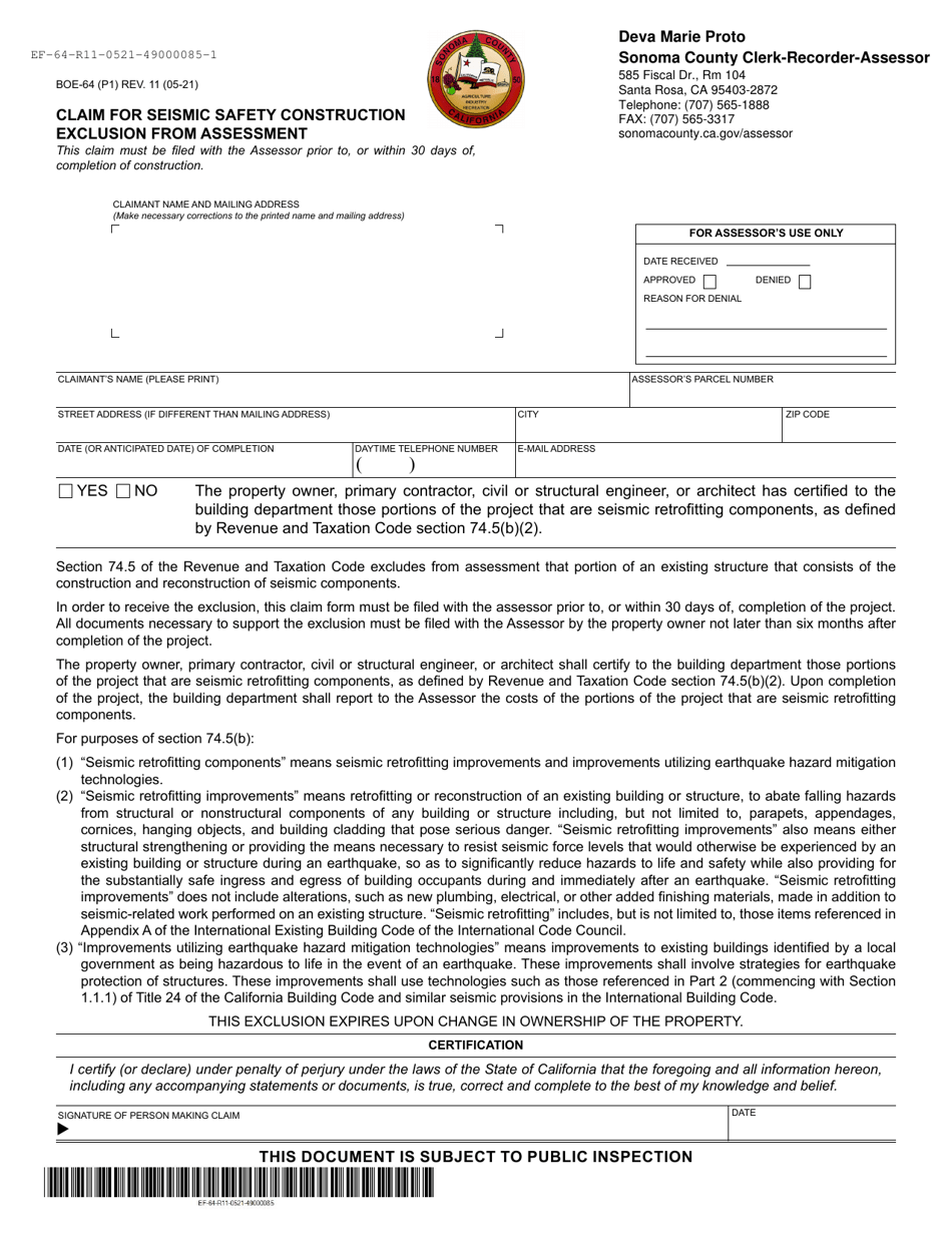 Form BOE-64 Claim for Seismic Safety Construction Exclusion From Assessment - Sonoma County, California, Page 1