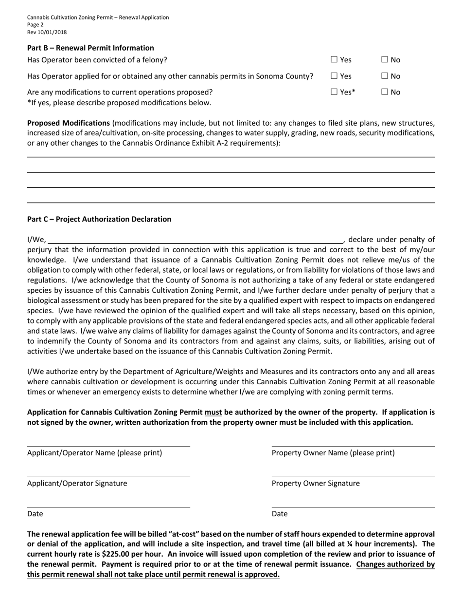 Cannabis Cultivation Zoning Permit Renewal Application - Sonoma County, California, Page 2