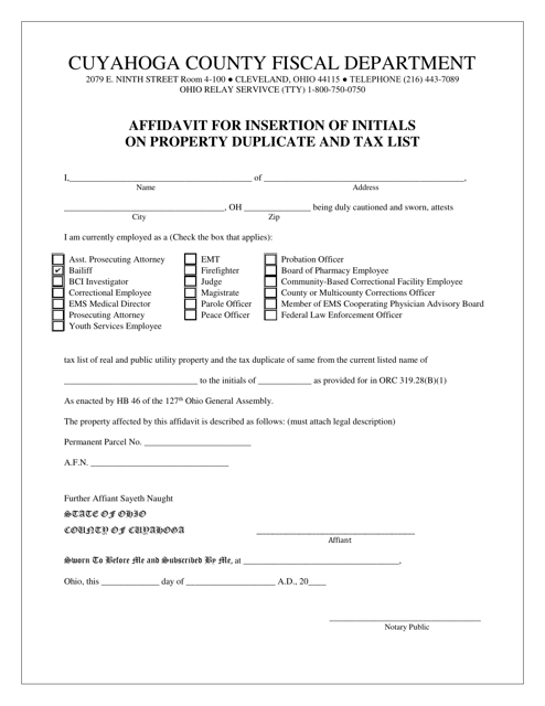 Affidavit for Insertion of Initials on Property Duplicate and Tax List - Cuyahoga County, Ohio Download Pdf