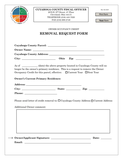 Owner Occupancy Credit Removal Request Form - Cuyahoga County, Ohio Download Pdf