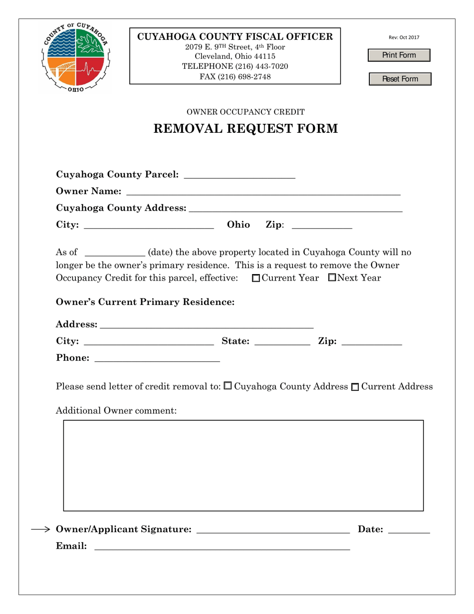 Owner Occupancy Credit Removal Request Form - Cuyahoga County, Ohio, Page 1