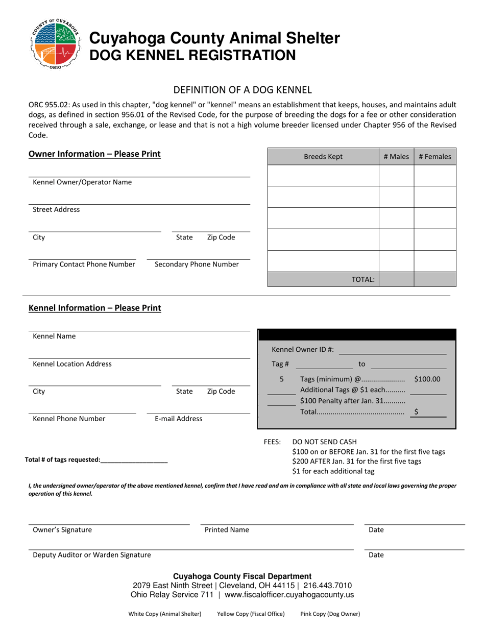 Cuyahoga County, Ohio Dog Kennel Registration Fill Out, Sign Online and Download PDF