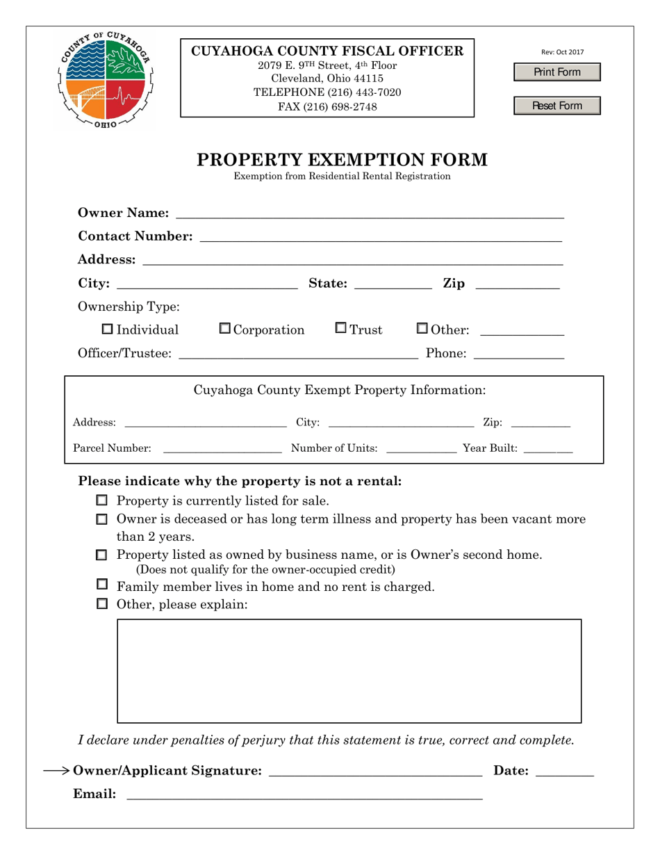 Property Exemption Form - Exemption From Residential Rental Registration - Cuyahoga County, Ohio, Page 1