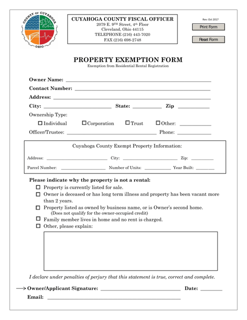 Property Exemption Form - Exemption From Residential Rental Registration - Cuyahoga County, Ohio Download Pdf
