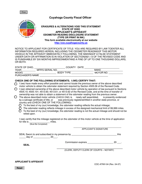 Form COC-ATMV-04 Applicant&#039;s Affidavit Odometer Disclosure Statement - Cuyahoga County, Ohio