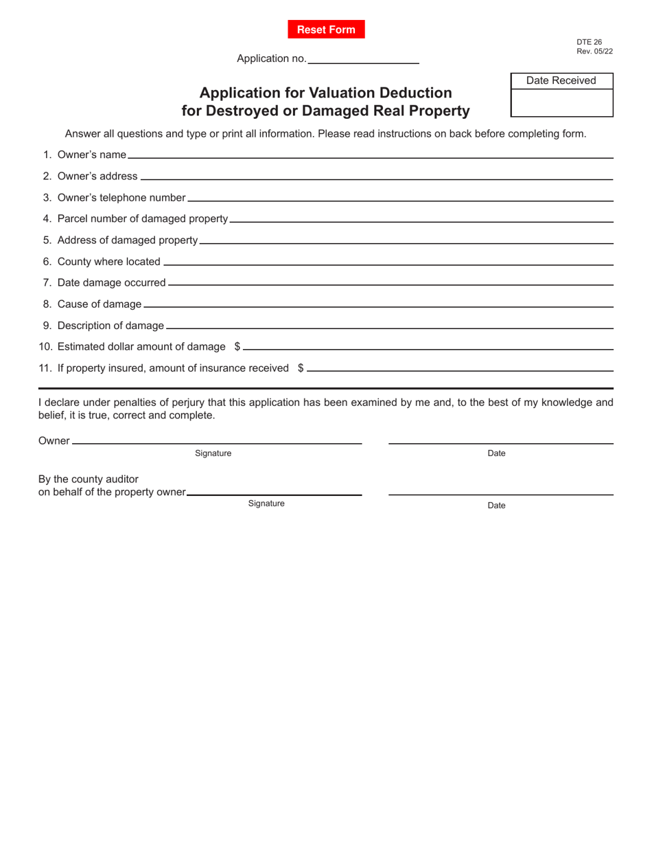 Form DTE26 Download Fillable PDF or Fill Online Application for Valuation Deduction for