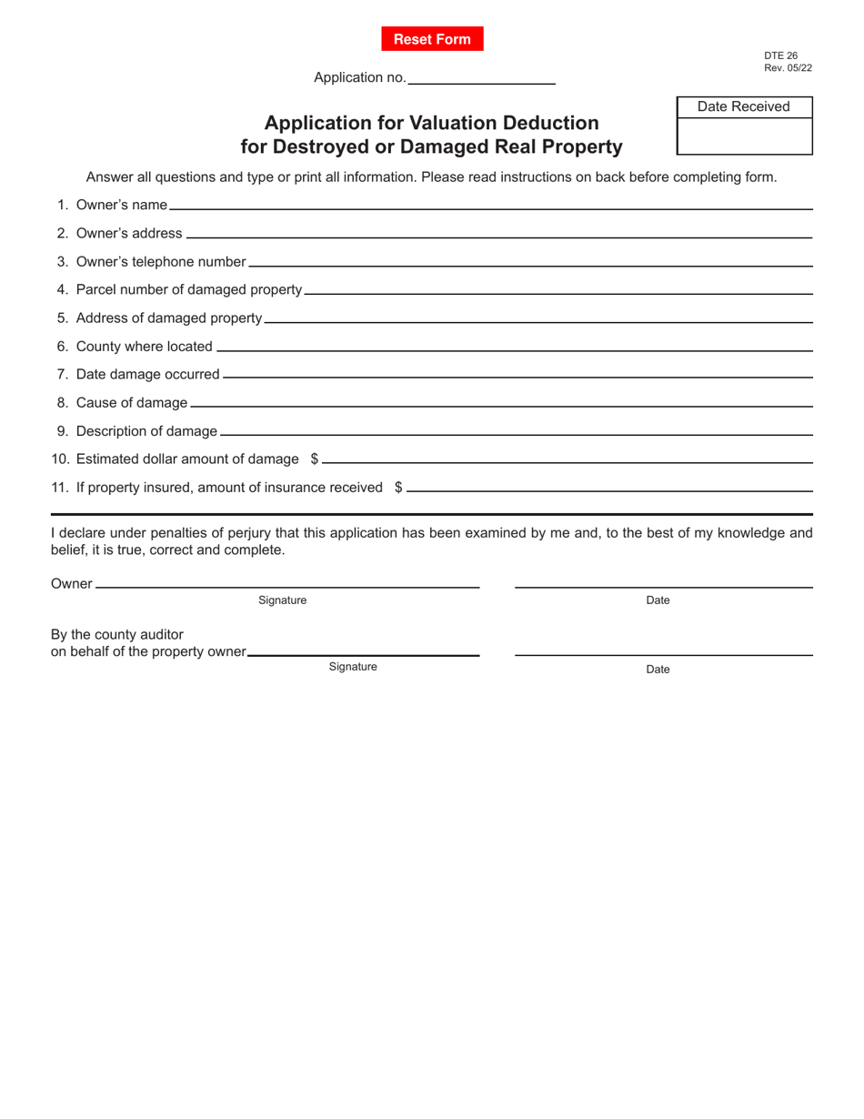 Form DTE26 Application for Valuation Deduction for Destroyed or Damaged Real Property - Ohio, Page 1