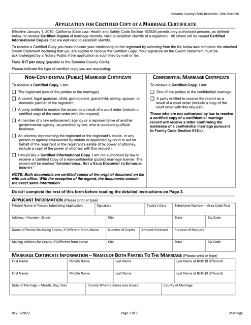 Application for Certified Copy of a Marriage Certificate - Sonoma County, California Download Pdf