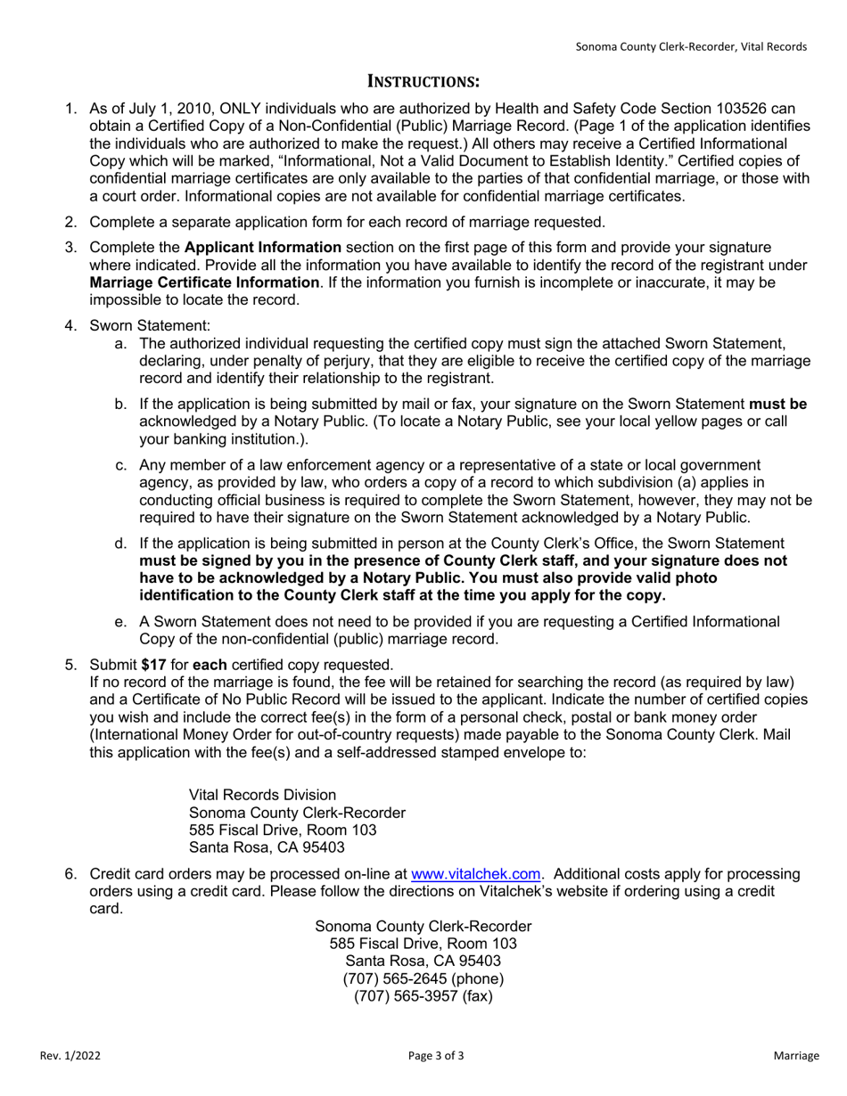 Application for Certified Copy of a Marriage Certificate - Sonoma County, California, Page 3