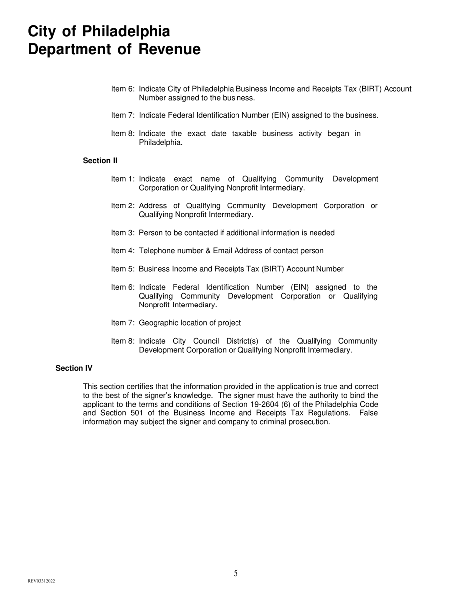 Original Application for Business Income and Receipts Tax Credit for Contribution to a Community Development Corporation or Nonprofit Intermediary - City of Philadelphia, Pennsylvania, Page 5