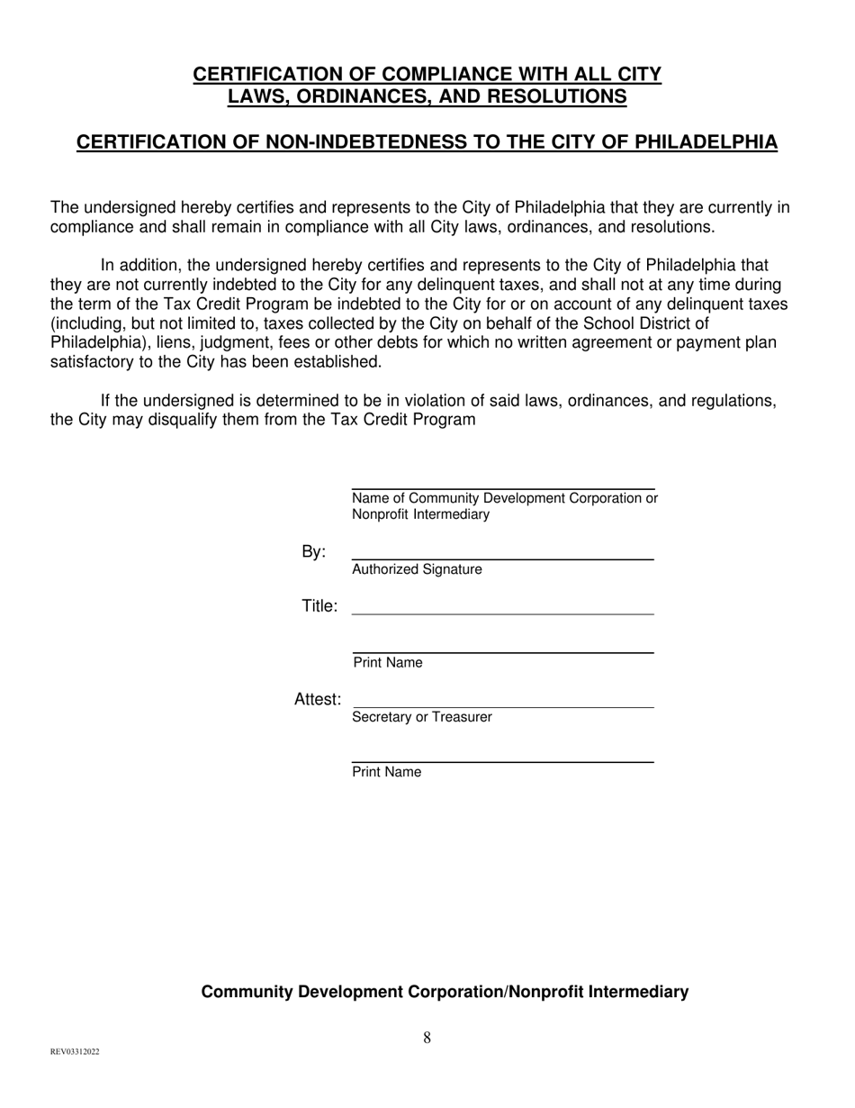 Original Application for Business Income and Receipts Tax Credit for Contribution to a Community Development Corporation or Nonprofit Intermediary - City of Philadelphia, Pennsylvania, Page 8