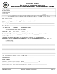 Document preview: Form 81-995 Annual Certification for Emergency and Standby Power Systems - City of Philadelphia, Pennsylvania