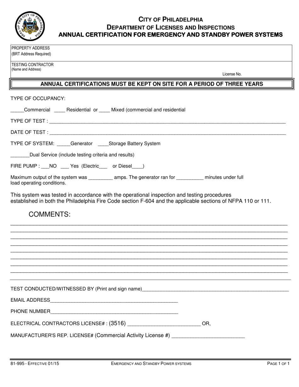 Form 81-995 Annual Certification for Emergency and Standby Power Systems - City of Philadelphia, Pennsylvania, Page 1