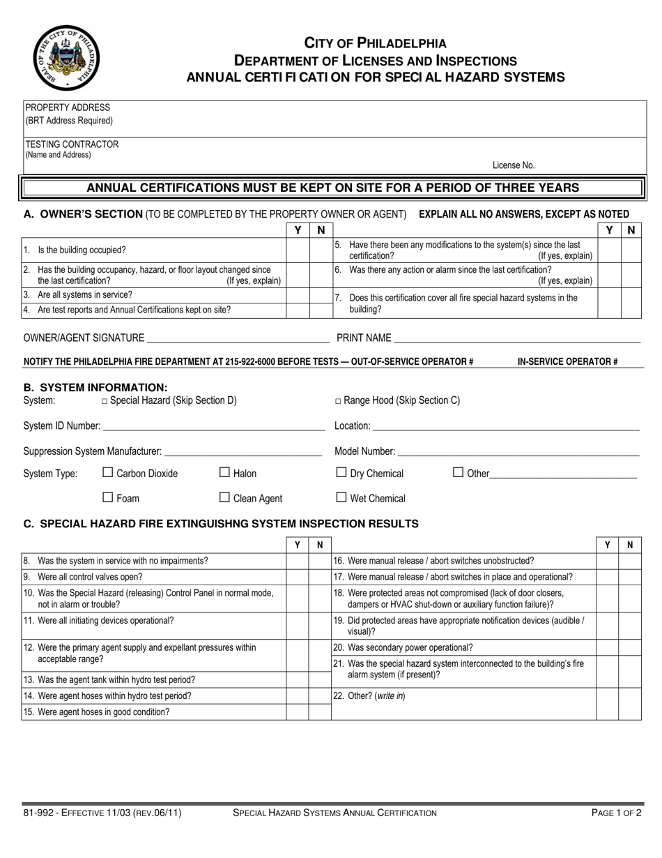 Form 81-992 Annual Certification for Special Hazard Systems - City of Philadelphia, Pennsylvania, Page 1