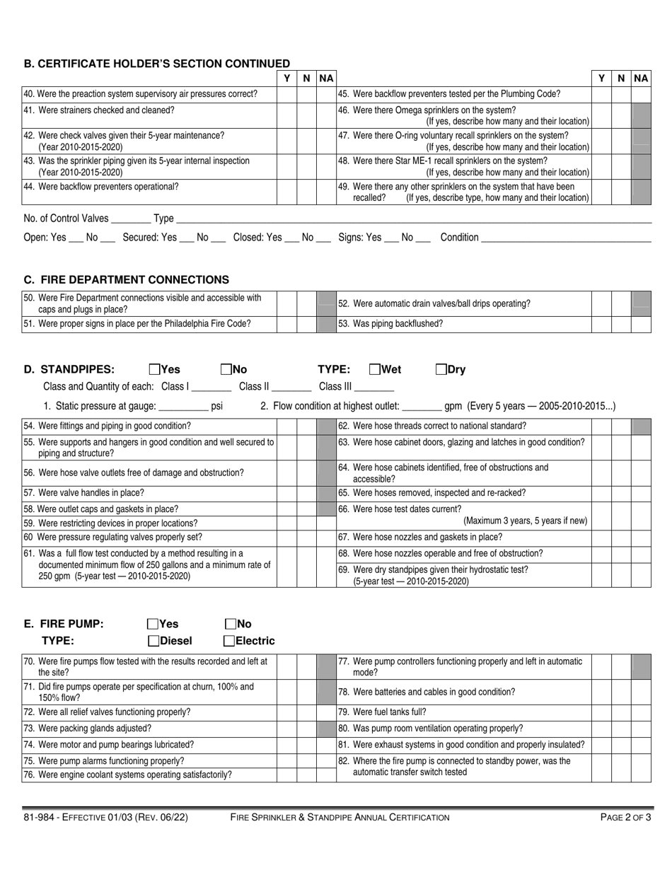 Form 81-984 Annual Certification for Sprinkler / Standpipe Systems - City of Philadelphia, Pennsylvania, Page 2