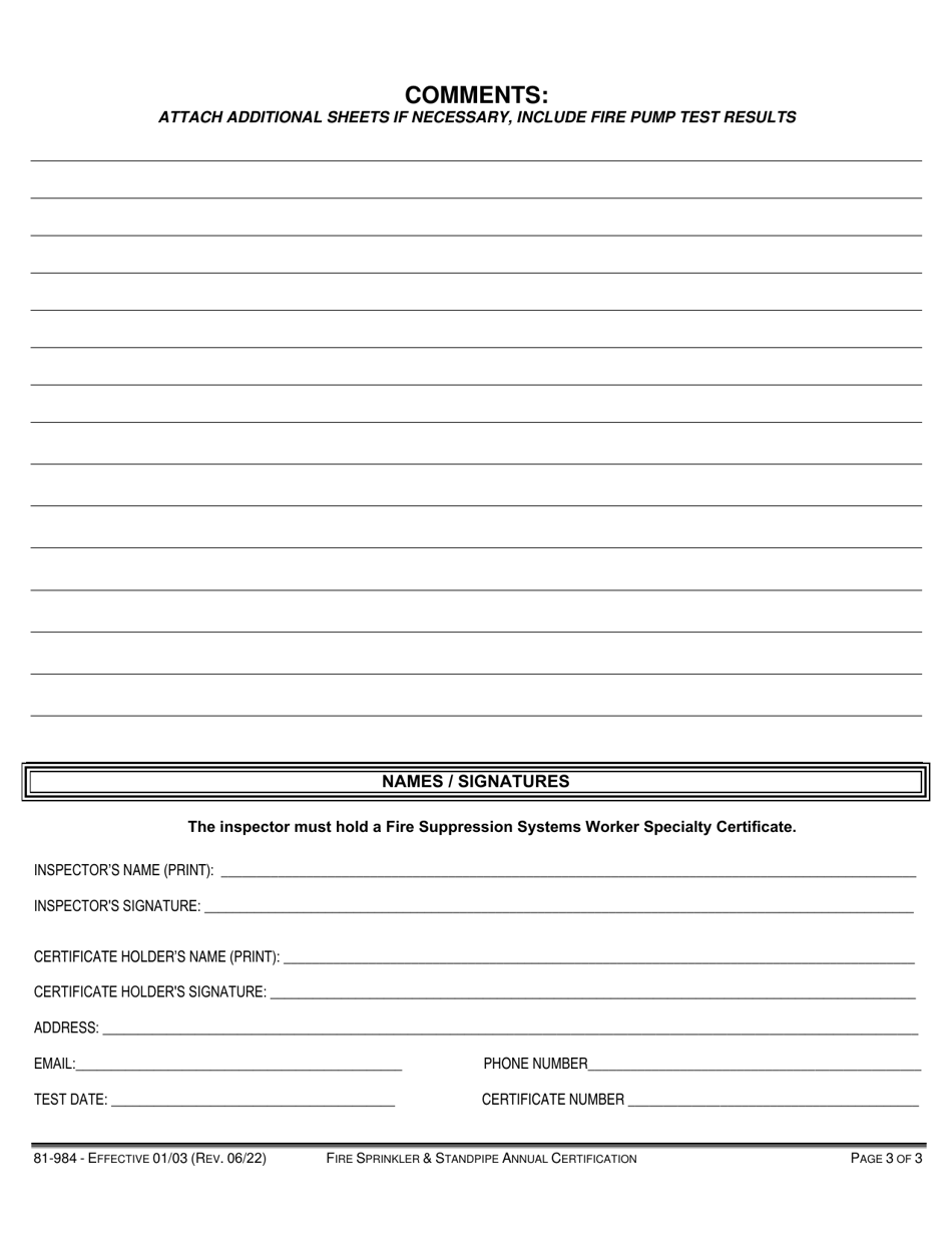 Form 81-984 Annual Certification for Sprinkler / Standpipe Systems - City of Philadelphia, Pennsylvania, Page 3