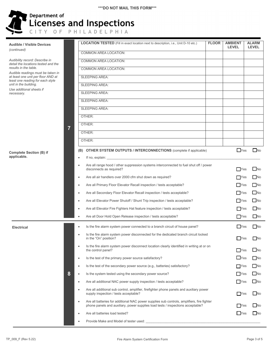 Form TP_009_F Fire Alarm System Certification Form - City of Philadelphia, Pennsylvania, Page 3