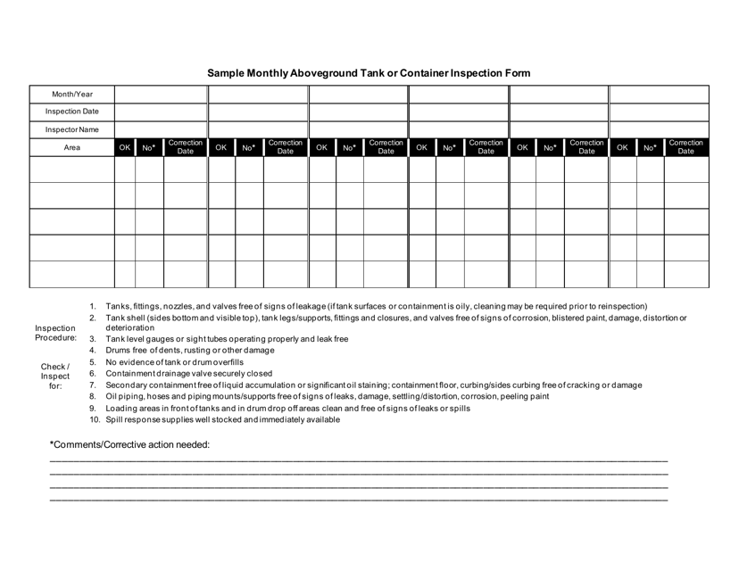 Sample Monthly Aboveground Tank or Container Inspection Form - County of San Diego, California Download Pdf