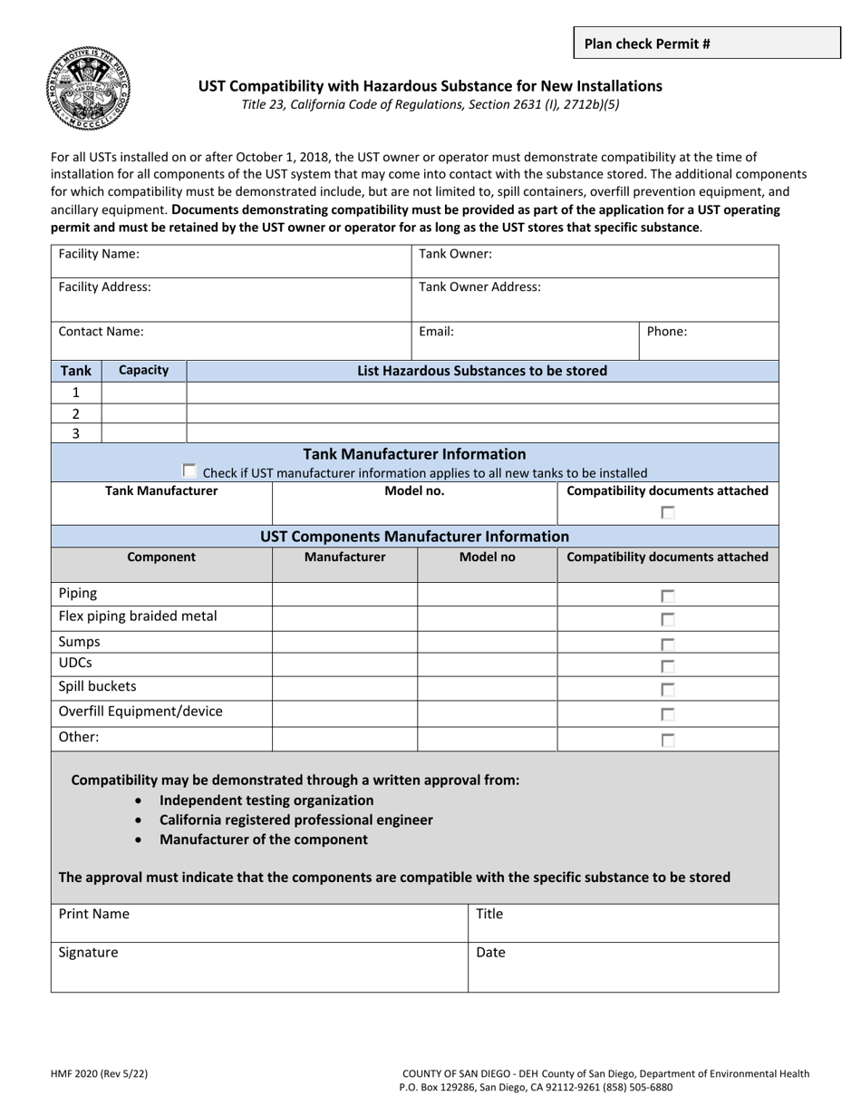 Form HMF2020 Ust Compatibility With Hazardous Substance for New Installations - County of San Diego, California, Page 1