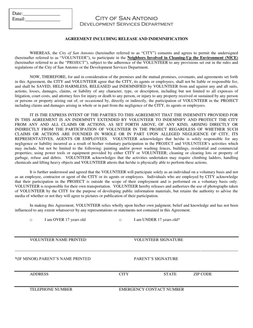 Agreement Including Release and Indemnification - Neighbors Involved in Cleaning-Up the Environment (Nice) - City of San Antonio, Texas Download Pdf