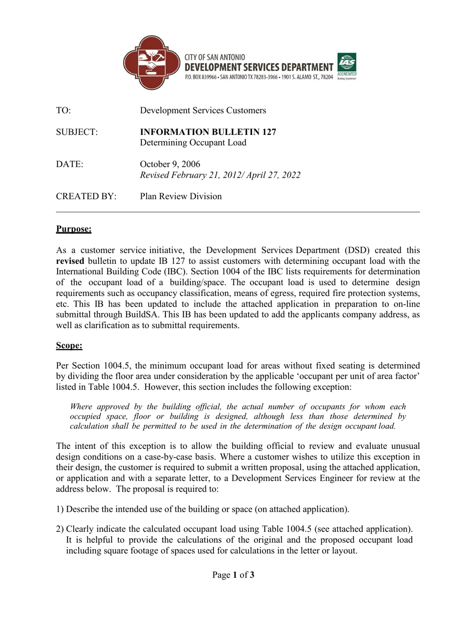 Request for Occupant Load Application - City of San Antonio, Texas, Page 1