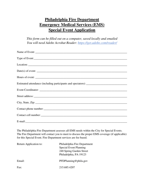 Emergency Medical Services (EMS) Special Event Application - City of Philadelphia, Pennsylvania Download Pdf