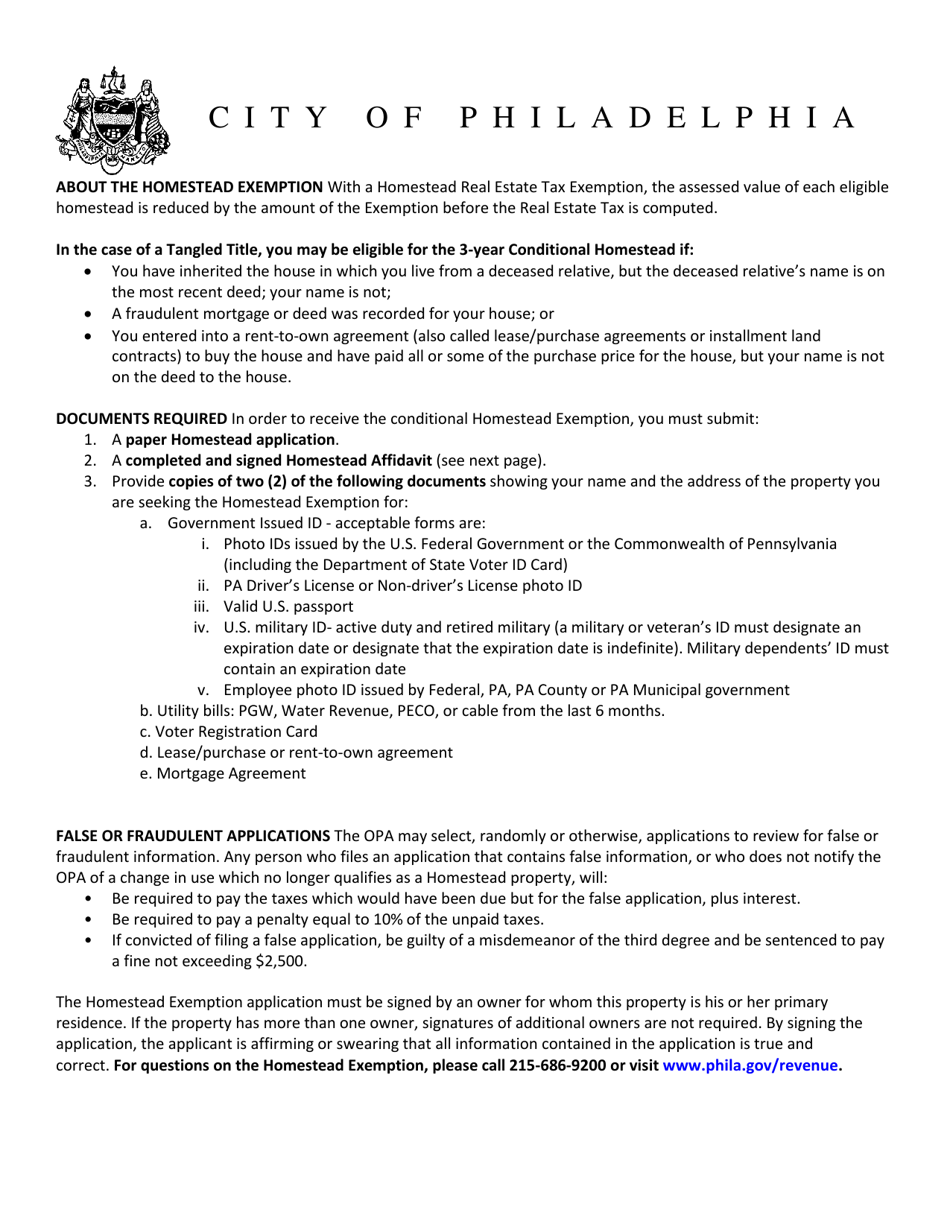 City of Philadelphia, Pennsylvania Affidavit in Support of Application