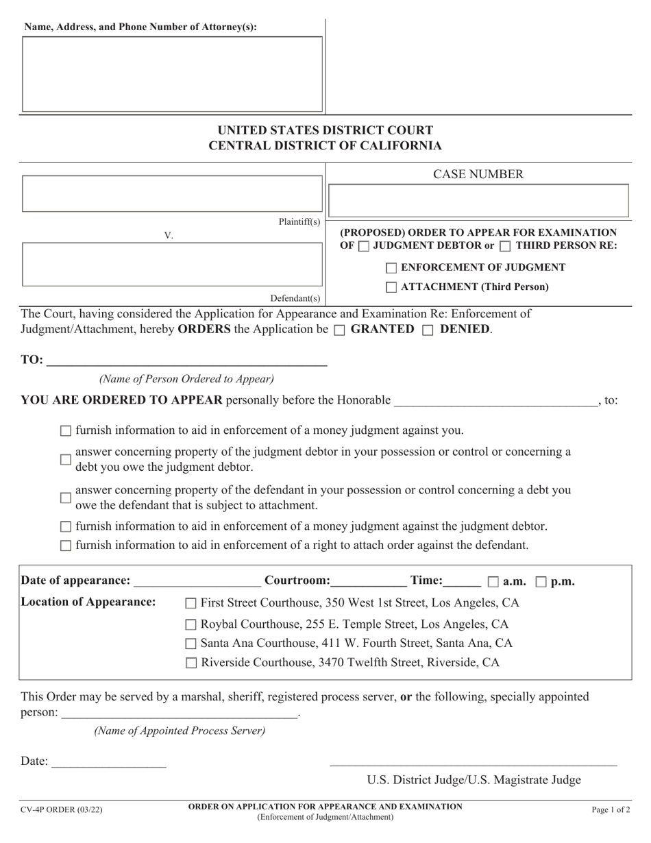 Form CV-4P Application and Order for Appearance and Examination (Attachment-Enforcement of Judgment) - California, Page 1