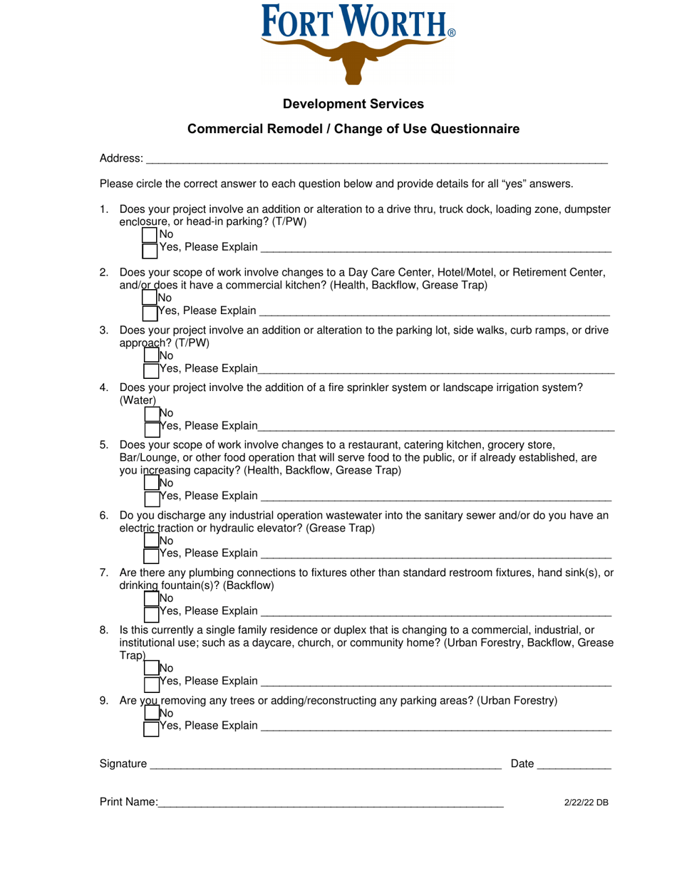 City of Fort Worth, Texas Commercial Remodel/Change of Use Questionnaire Fill Out, Sign Online