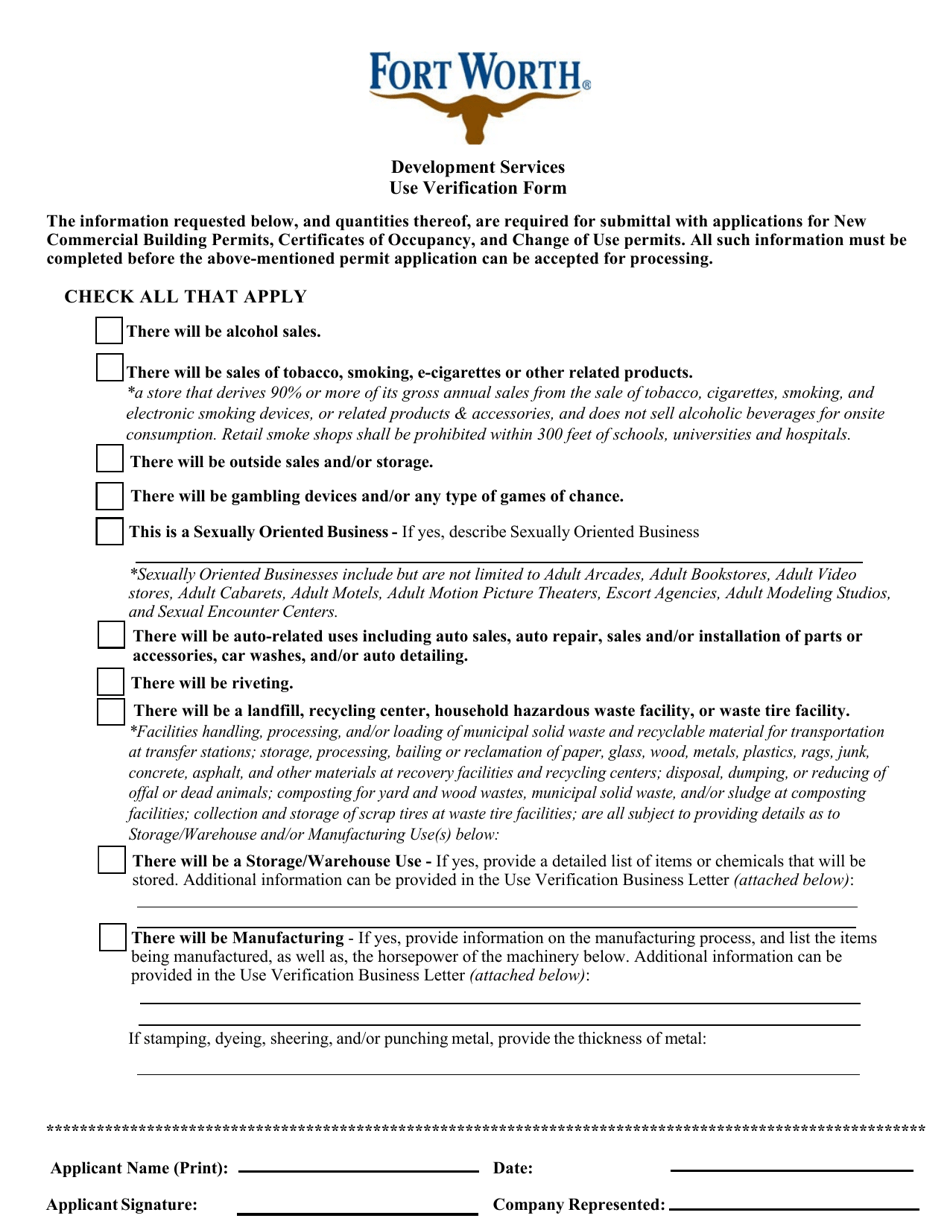 Use Verification Form - City of Fort Worth, Texas, Page 1