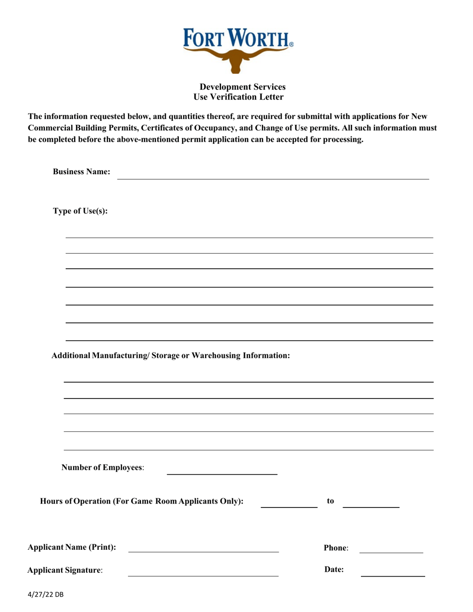 City of Fort Worth, Texas Use Verification Form Fill Out, Sign Online