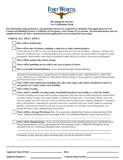 Use Verification Form - City of Fort Worth, Texas Download Pdf