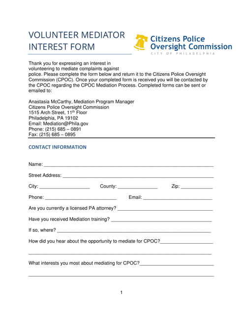 Volunteer Mediator Interest Form - City of Philadelphia, Pennsylvania Download Pdf