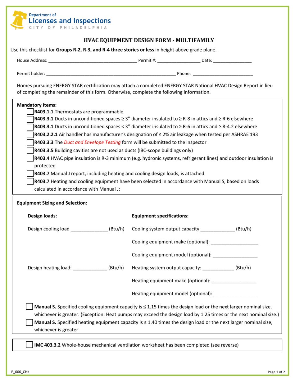 Form P_006_CHK HVAC Equipment Design Form - Multifamily - City of Philadelphia, Pennsylvania, Page 1