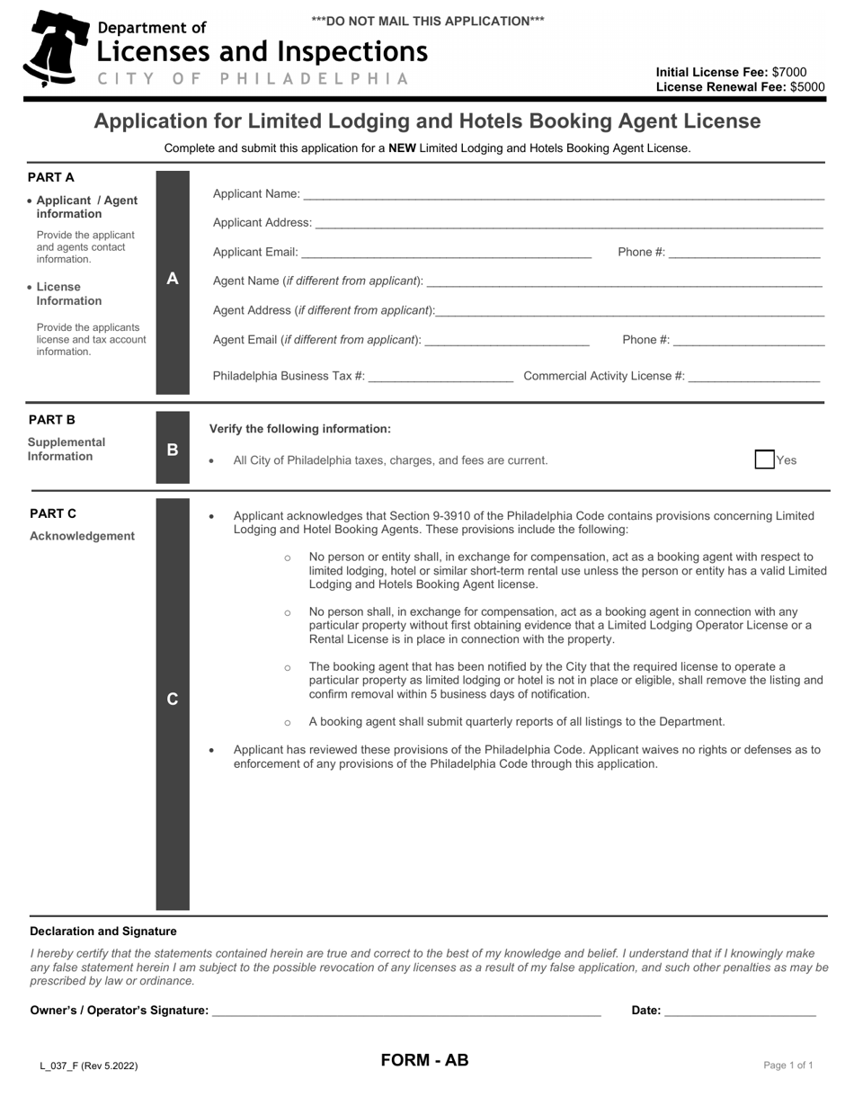 Form AB (L_037_F) Application for Limited Lodging and Hotels Booking Agent License - City of Philadelphia, Pennsylvania, Page 1